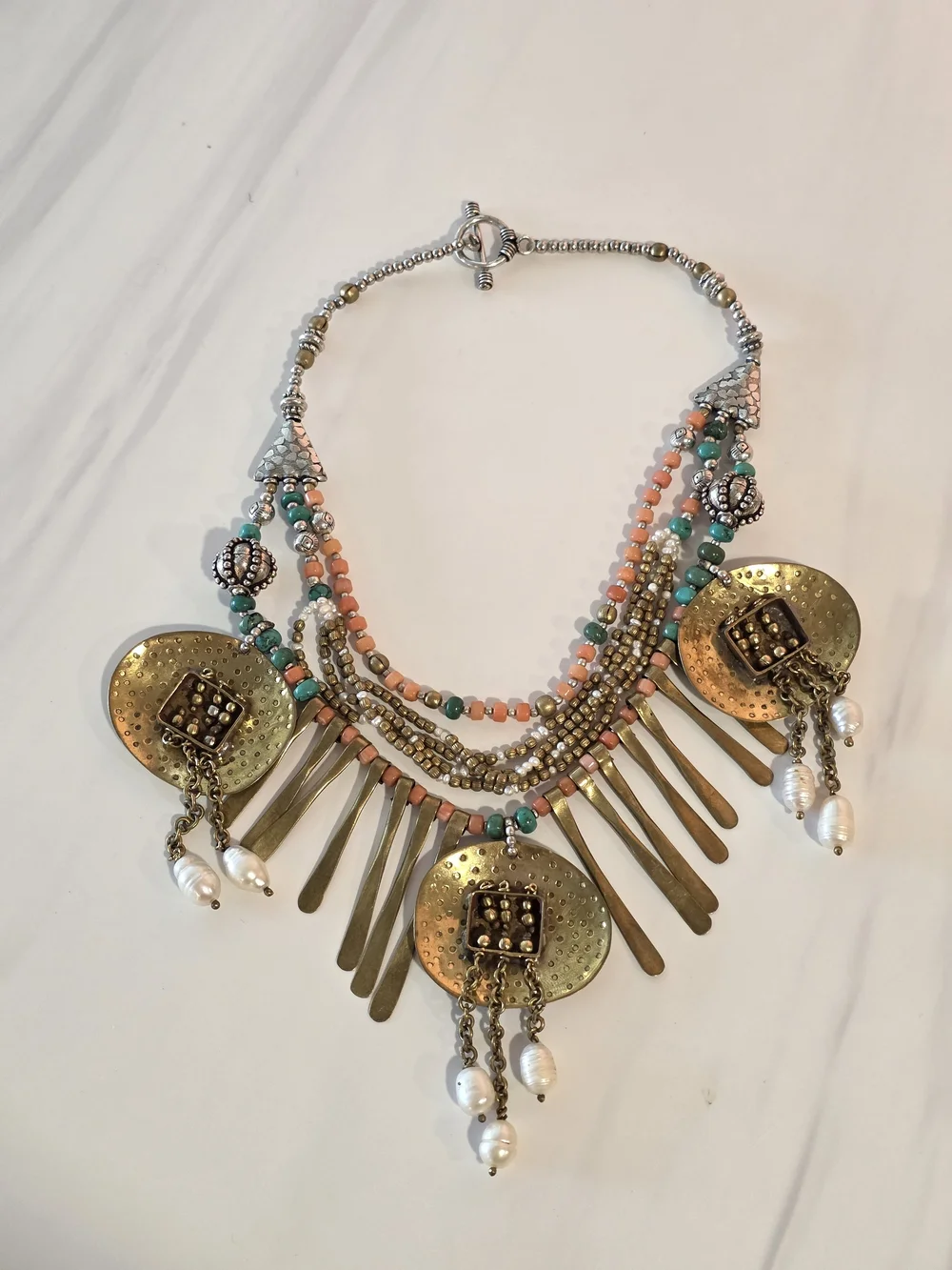 Layered Gold Medallion Necklace with Turquoise and Coral Beads